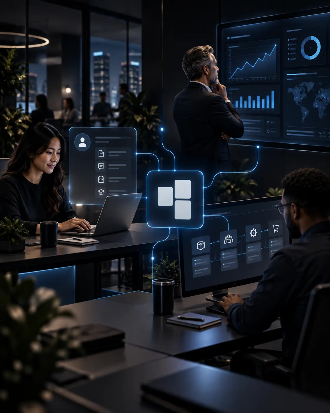 Synclo team working late in a connected operations workspace